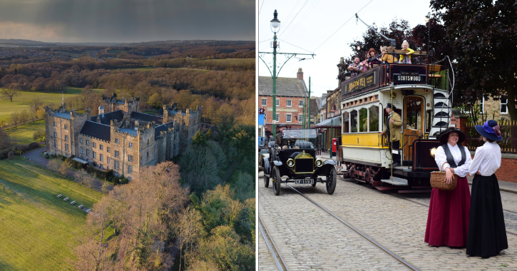 Aerial view of Lumley Castle hotel during autumn and the 1900s street at Beamish Museum.